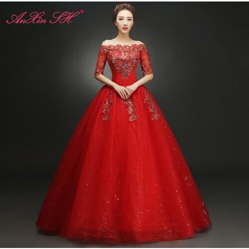 AXJFU Flower princess red lace wedding dress party princess boat neck half sleeve beading sparkly white lace wedding dress