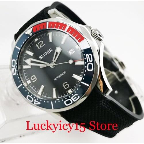 BLIGER Self Winding Men Watch 41mm Black Dial Sapphire Glass Date Function Rotating Bezel DG Movement Rubber Strap