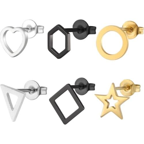 Shuangshuo Minimalist Stainless Steel Small Geometric Earrings Set for Women Triangle Heart Circle Star Stud Earrings Jewelry