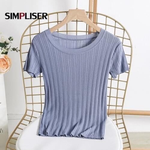 Thin Crop Top Sweater For Women Summer O-neck Short Sleeve Knit Tees Ladies Korean Style Knitting Shirts Sweater Jumpers Pink