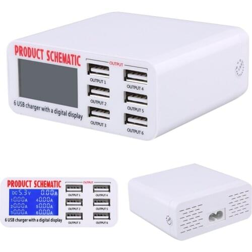 Universal EU/US Plug USB Travel Charger with LCD Digital Display 6 Ports Smart Charging Station With Cable For iPhone 7 X LN