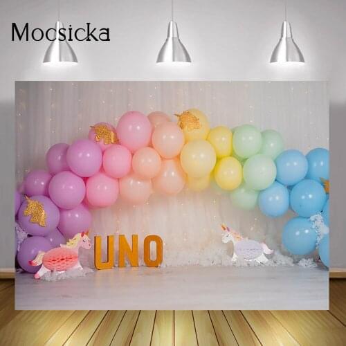 Balloons UNO Cake Smash Backdrop Decorations Newborn Baby Unicorn 1st Birthday Portrait Background Glitter White Curtain Photo