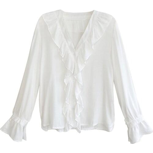 PERHAPS U Women White Black Ruffle V Neck Long Sleeve Puff Sleeve Solid Top Shirt Blouse Top High Street B0206