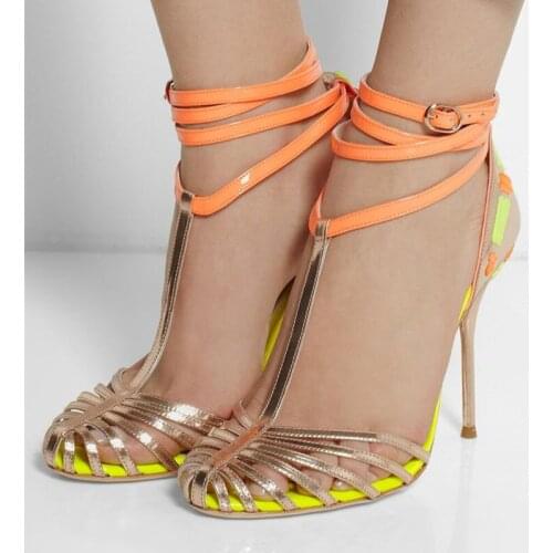 US4-13 Womens Summer Close Toe T-strap Sandals Stilettos High Sexy Heels Party Shoes Ankle Straps Cut Out Match Colors Plus Size