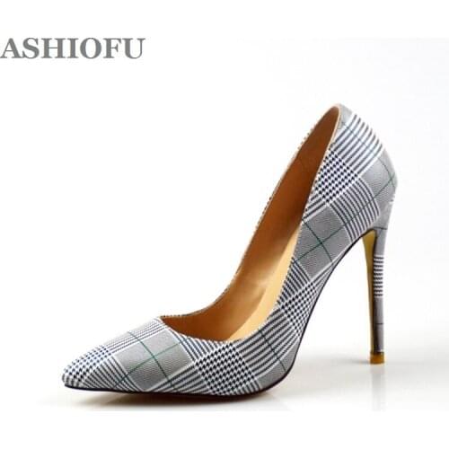 ASHIOFU Real Picture Handmade Ladies High Heel Pumps Stylish&Elegant Office Career Checked Lines Shoes Party Fashion Court Shoes