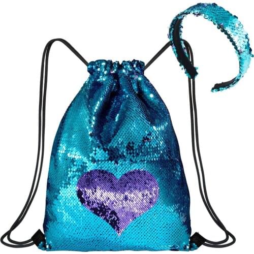 Reversible Sequined Drawstring Backpack with Headband Glitter Backpack with Mermaid Headband School Gym Drawstring Bag Backpack
