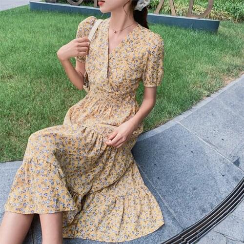 Women Long Yellow Chiffon Floral Dress Boho Beach Vacation Dresses Summer Autumn 2021 Runway Vintage Elegant Korean Party Dress