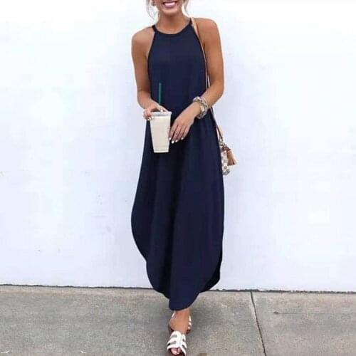Women Dress Summer 2020 Casual Sleeveless Retro Halter Solid Beach Long Dress Round Neck Sling Fashion Beach Clothes Plus Size