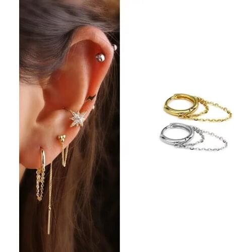 1PC S925 Sterling Silver Ear Piercing Earring Chain Tassels Huggie Hoop Earring Trendy Cartilage Lobe Jewelry