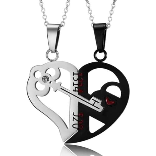2 Pcs Couple Necklace Love you Broken Heart Key Locket Dad Mom Pendant Necklace Double Color Friends Family Lovers Jewelry Gift