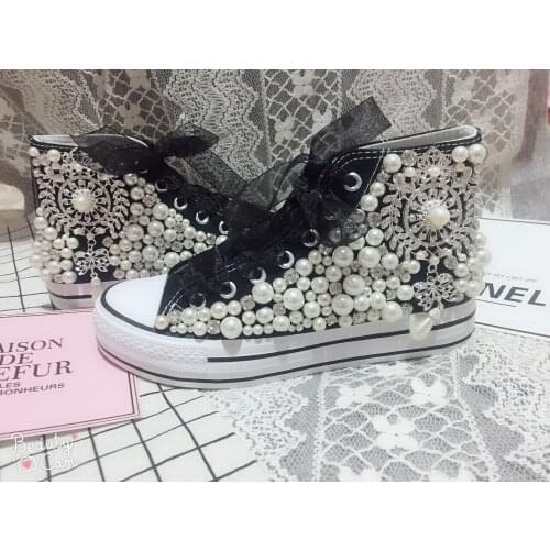 Handmade new diamond inlaid crystal diamond bowknot hand-stitched pearl industrial thick-soled canvas