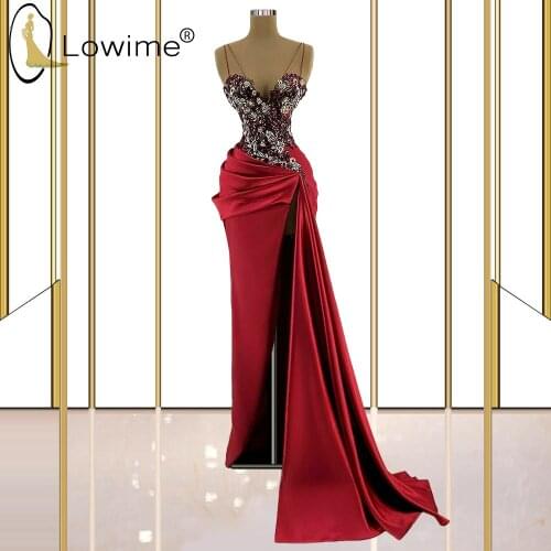 Sparkly Wined Red Sequin Flowers Mermaid Evening Dresses 2021 Sexy Slit African Women Dubai Design Formal Party Gowns