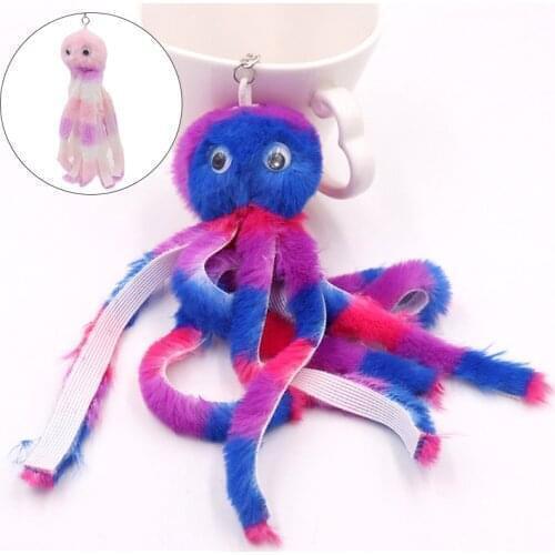 Rainbow Octopus Design Keychain Cute Plush Faux Fur Octopus Pompom Key Chain Women Girls Charm Hanging Pendant Key Ring Gifts