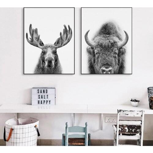 Forest Animal Moose Print Black White Photo Poster Nursery Decor ,Buffalo Wall Art Pictures Canvas Painting Boys Kids Room Decor