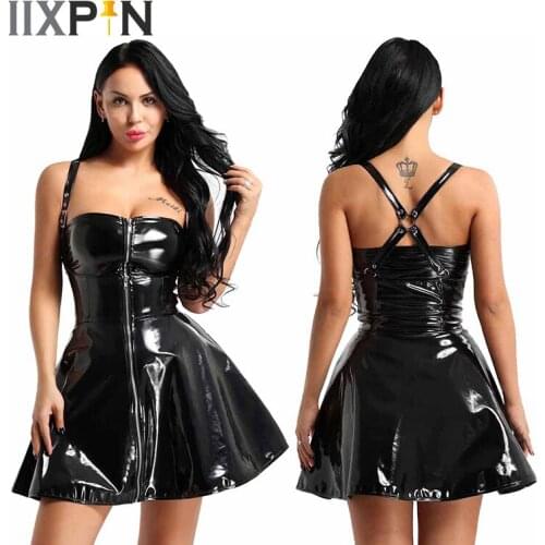 IIXPIN Women pole dance Clothing Pole wear Wetlook Corset Dress Clubwear Patent Leather Front Zippered X-back Party Corset Dress