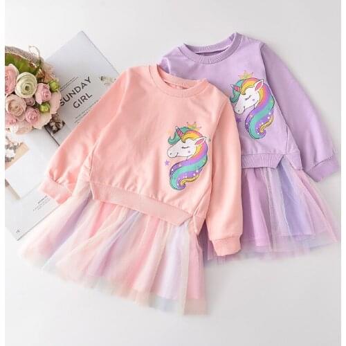 Menoea Girl Spring Cartoon Dress 2020 Autumn Style Cute Vestido Full Sleeve Unicorn Patchwork Kids Mesh Dresses Princess Clothes