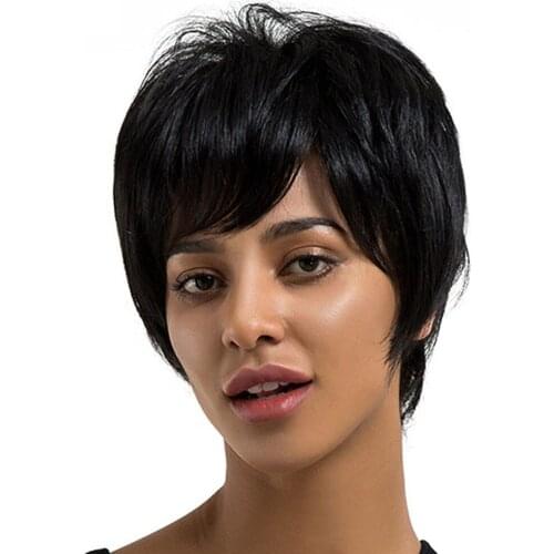 Natural Black Short Human Hair Wig Bob Full Hair Lady Hairpieces Cosplay Lady Real Human Hair Black Wig Short Oblique Bangs