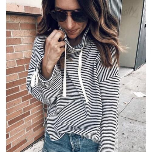 New Women Casual Loose Striped Long Sleeve Hoodie Sweatshirt Casual Hooded Tops Jumper Pullover