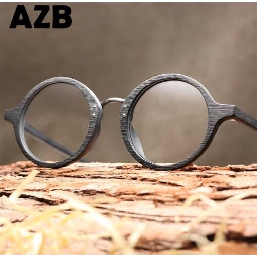 AZB Wooden Round Frame Spectacle Retro Clear Lens Glasses for Women Men Wood Optical EyeGlasses Frames Recipe Glasses Frame