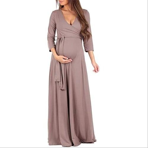 Deep V-neck Women Maternity Dress Fall Winter Ankle Length Pregnancy Gown Maxi Outfit Clothes Soft Fabric