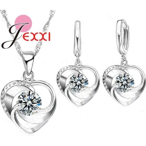 Romantic Gift 925 Sterling Silver Jewelry Crystal CZ Heart Shape Pendant Woman Necklace Drop Earring Wedding Set Wholesale