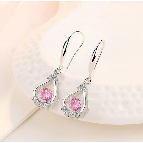 Top Quality Silver 925 Earrings For Women Jewelry Luxury Crystal Pink Water Drop Earring Female Engagement Accessories Lady Gift