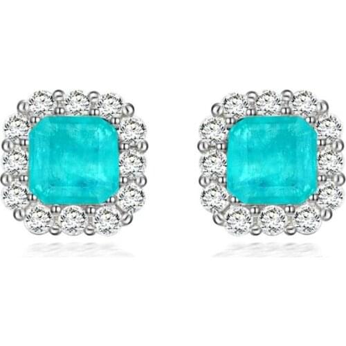 100% 925 Sterling Silver 7*7mm Paraiba Tourmaline Gemstone High Carbon Diamond Earrings Party Ear Studs Fine Jewelry Gift