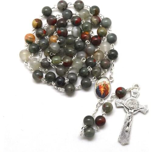 Gray Stone Round Bead Family Rosary St Benedict Crucifix Holy Family Centers