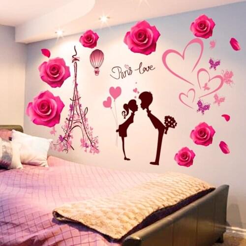[SHIJUEHEZI] French Tower Buildings Wall Stickers DIY Cartoon Couples Red Roses Mural Decals for Living Room Wedding Decoration