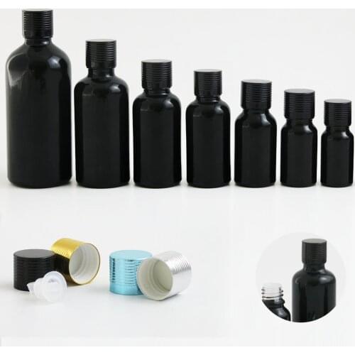 Shiny black Boston Round Travel Empty Essential oil e Liquid Herbal Glass Bottle with Aluminum Cap Plug 10 15 20 30 50 100 ml