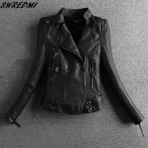 SWREDMI 2021 Black Motorcycle Leather Clothing Short Mandarin Collar Ladies Suede Women Biker Jacket Leather Coats S-2XL
