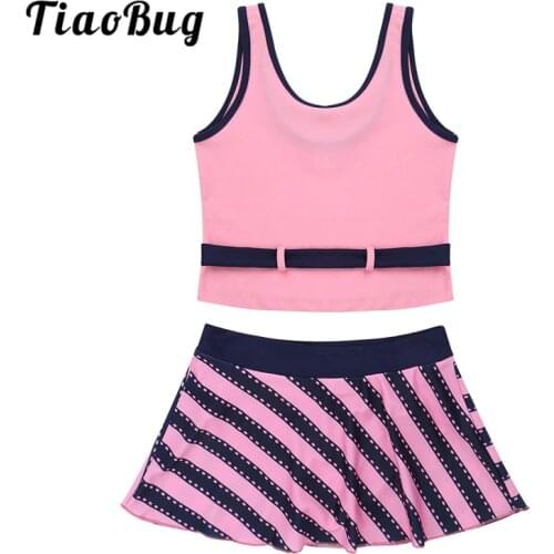 TiaoBug Kids Teens Two-piece Tankini Swimwear Girls Swim Tops with Stripe Printed Skirt Set Swimsuit Children Beach Bathing Suit