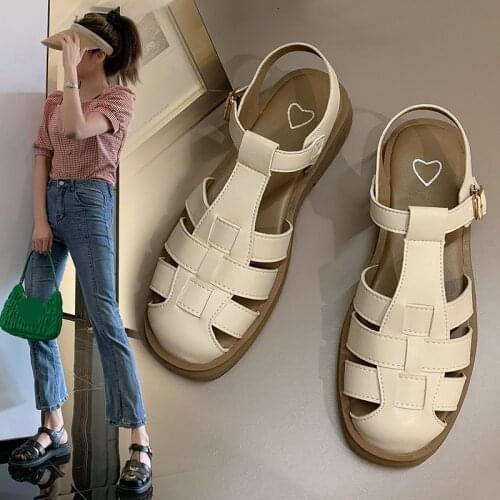 Shoes Closed Toe Sandals 2021 Womens Breathable Summer Heels Buckle Suit Female Beige New Fashion Low Girls Gladiator Flat Stra
