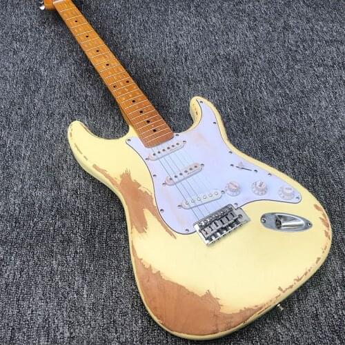 High-end custom 6-string hand-carved electric guitar retro milk yellow electric guitar real shot free delivery