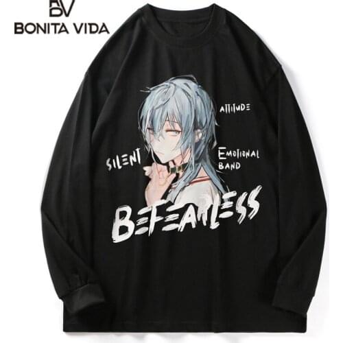 Bonita Vida Long Sleeve Tshirts Japanese Anime Cartoon Girl Print Tees Shirts Streetwear Hip Hop Harajuku Loose Cotton Tops