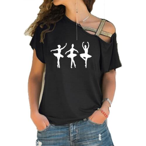 Women Short Sleeve T Shirt Ballerina Ballet Dance Posture Design Female Cute Girl Irregular Skew Cross Bandage Tee Tops