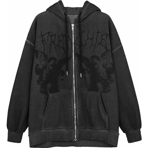 Womens Hip Hop Angel Dark Printed Hoodies Streetwear Harajuku Autumn Winter Hooded Jacket Fashion Tops Zipper Sweatshirts