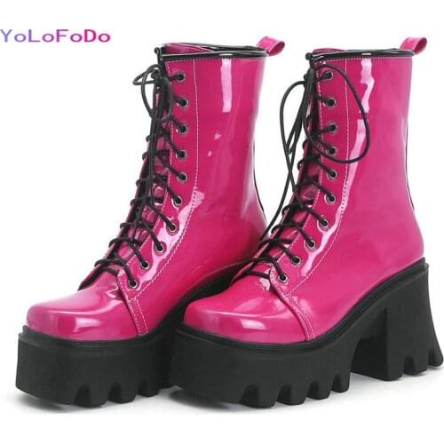 Platform Square High Heel Women Ankle Boots Patent PU Leather Ladies Motorcycle Boots Cross Tied Square Toe Womens Boots Black