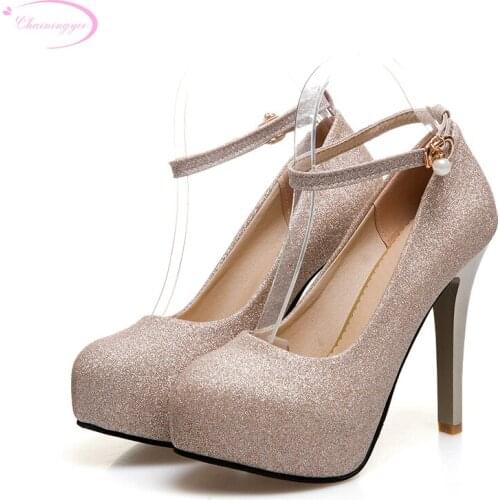 Chainingyee nightclub party comfortable round toe pumps studded rhinestone belt buckle black gold silver high heel womens shoes