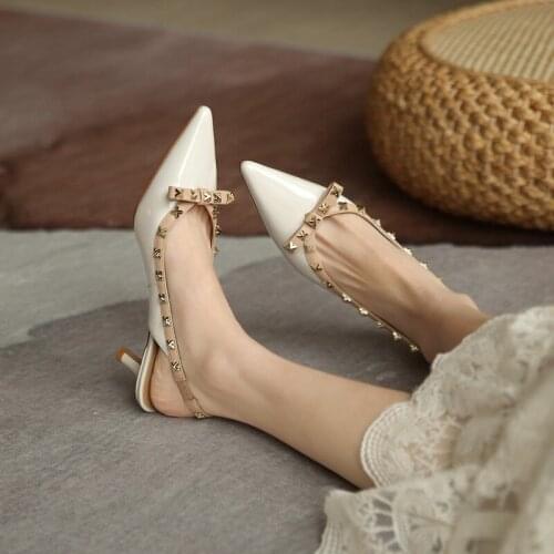 Slingback Summer New High Heels Shoes All-Match Women Pumps Decoration Rivets Sexy Pointed Shallow Mouth Zapatos De Vestir Mujer