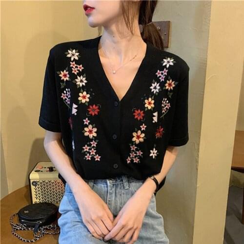 Embroidered Top Womens 2021 Spring Summer Tide V-neck Embroidery Retro Ethnic Style Short Sleeve Loose Thin Knitted Cardigan