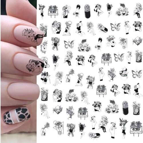 1PCS black flower hand 3d Nail Stickers Everything for manicure new years stickers Winter Design Nail Decor Decal 2021 Newest