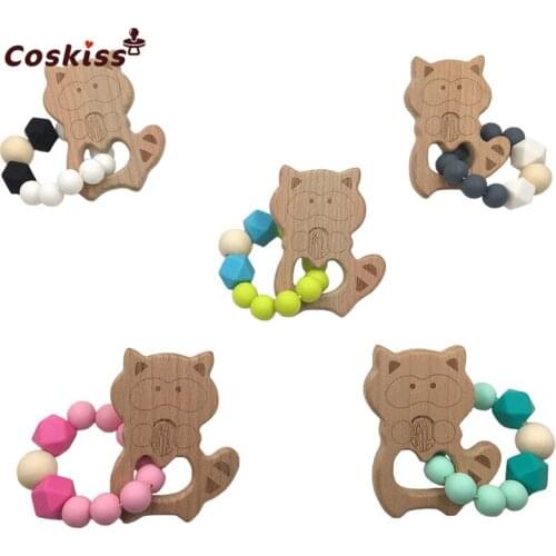 5pcs Baby Bracelets Beech Wood Cute Raccoon Nursing Accessories Wooden Teether Baby Shower Gifts Chew Silicone Beads Bracelets
