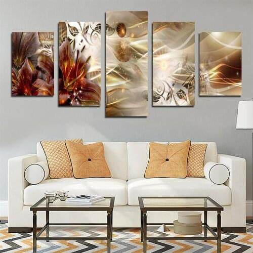Golden Red Dream Flowers Flash 5pcs Canvas Poster HD Printing Waterproof Ink Wall Art Painting Living Room Decorative Picture