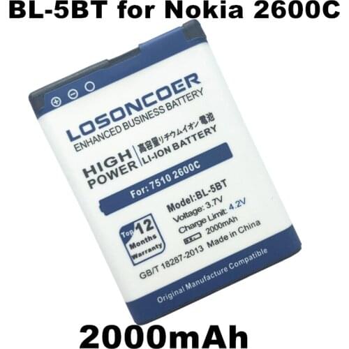 LOSONCOER 2000mAh BL-5BT BP / 5BT Battery for Nokia 7510 2600c 2608 7510A N75 Battery