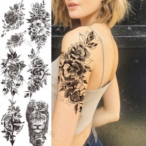 Big Peony Flower Temporary Tattoos For Women Girl Compass Flora Lion Realistic Fake Tattoo Sticker Arm Sexy Water Transfer Tatoo