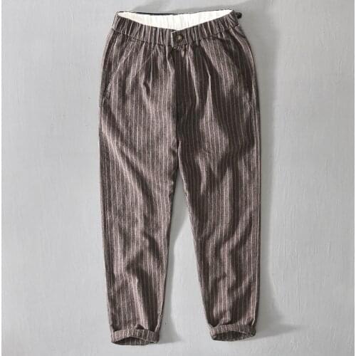 A131 Summer Men Striped Pants Fashion Casual Simple Thin Sport Running Yarn-Dyed Mid-Rise Zipper Fly Male Ankle-Length Trousers