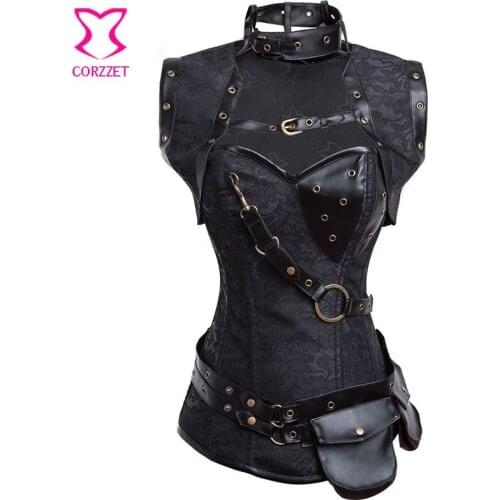 Black Gothic Bustier with Jacket Corselet Plus Size Corset Steampunk Clothing Korsett Women Steel Boned Corsets and Bustiers