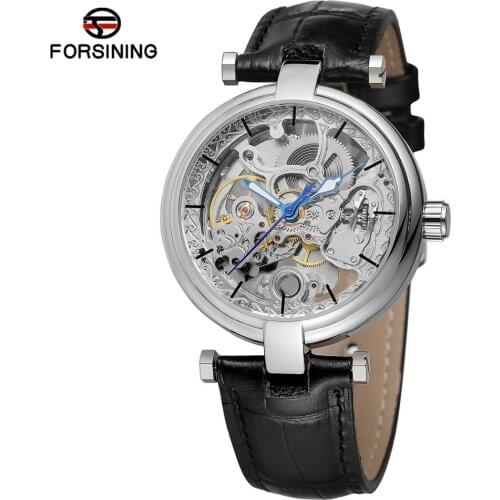 FORSINING casual business mens mechanical watch round hollow dial black leather strap automatic mechanical watch festival gifts