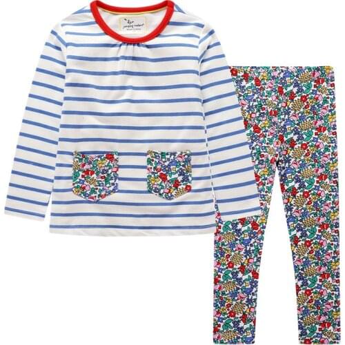 Jumping Meters New Girls Cotton Floral Long Sleeve Clothing Sets Stripe Baby Outfits for Autumn Spring Kids Flower Toddler Suits